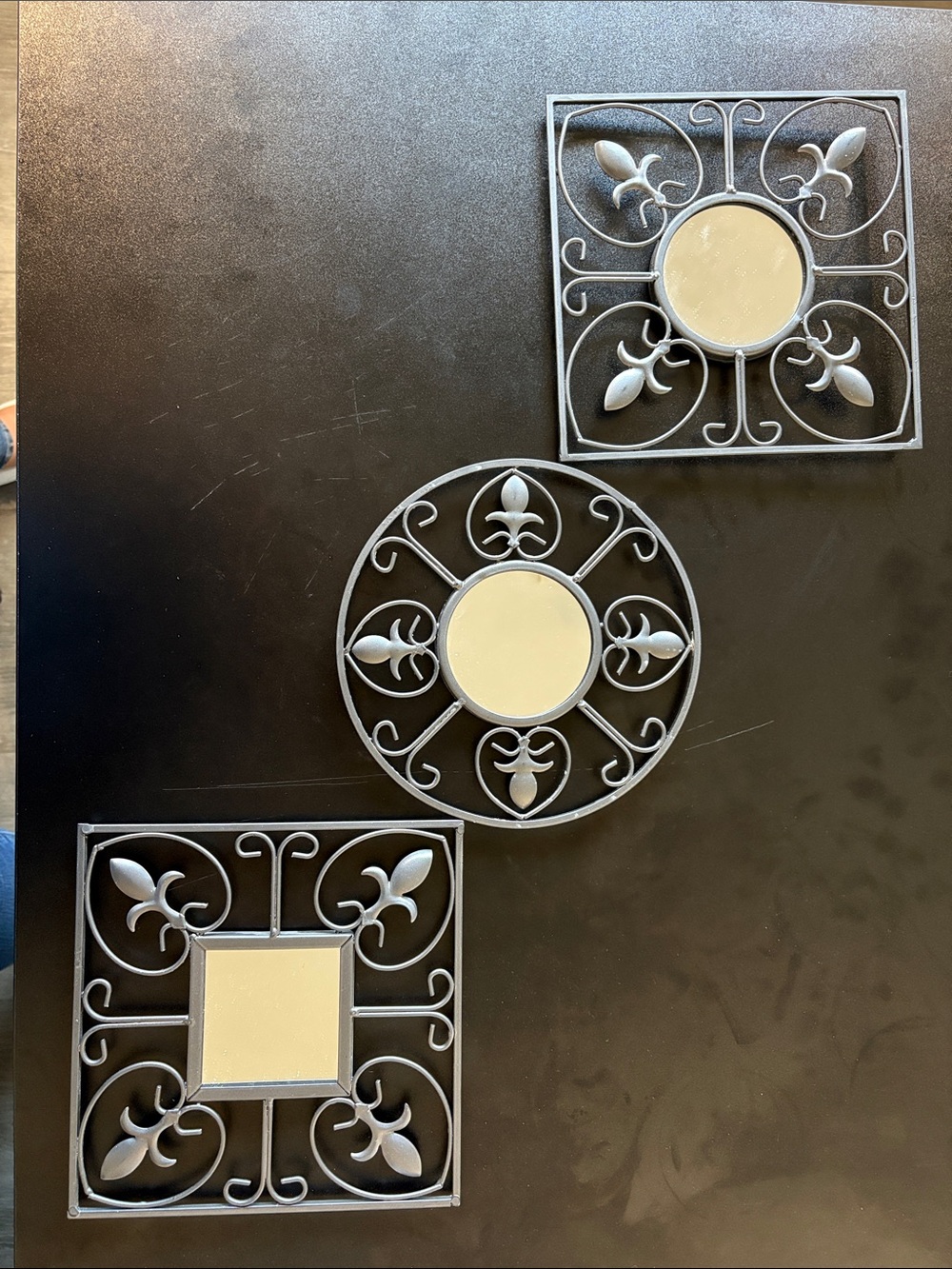 Decorative Gray Wall Mirror Set - 3-Piece Metal Fleur Design